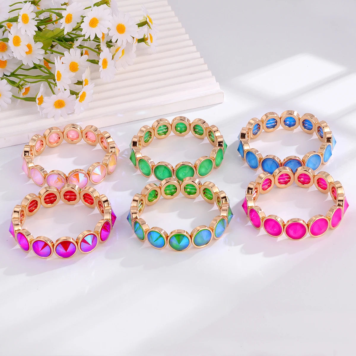 2026 New Design Gold Color Bracelets For Women Inlaid Colorful Glass Crystal Beads Elastic Bangle Candy Color Jewelry