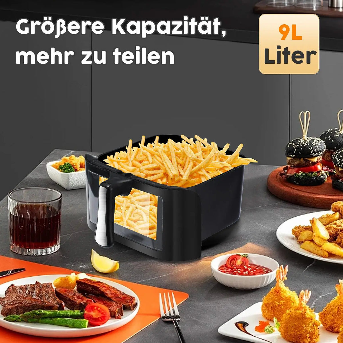 9L Digital Display Air Fryer,Toaster Oven Combo with 6 Cooking Presets, Oil-Free Cooker, Visible Window
