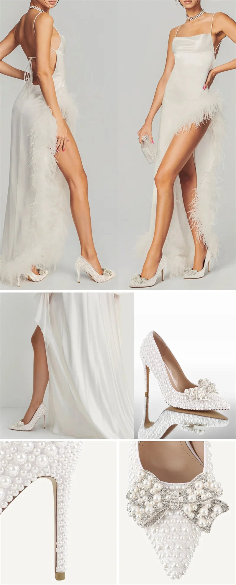 Onlymaker Women White Pointed Toe Bridal Pumps Slip-On Pearl Crystal Thin Heels Party Wedding Bride Stiletto Shoes