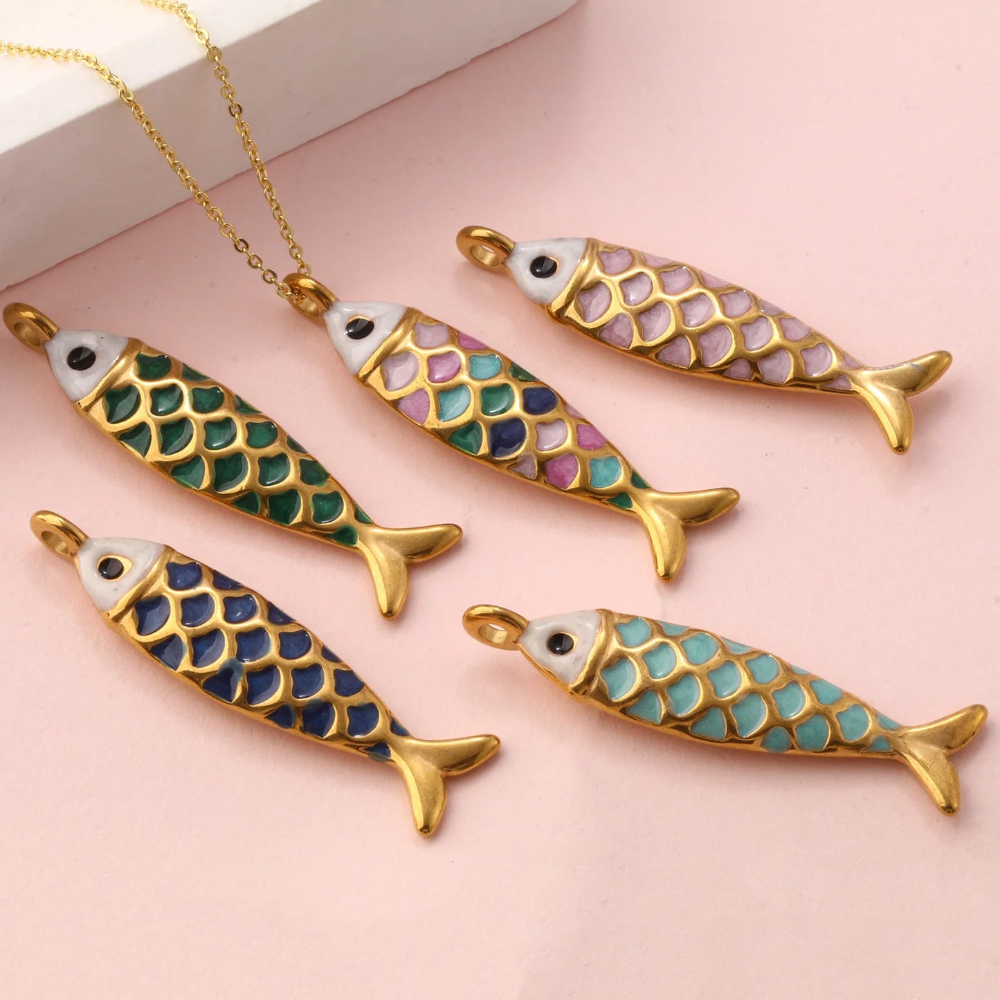 1pc Stainless Steel Charms Gold Color Ocean Fish Animal Pearlized Multicolor Enamel Pendant DIY Women Necklace Jewelry Findings