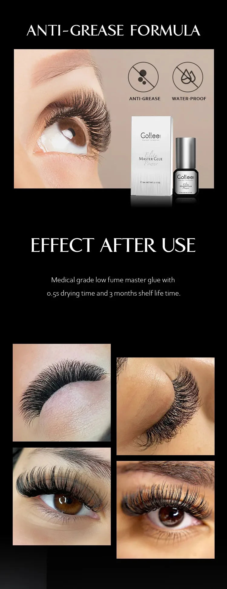 Gollee 0.5s Fast Dry Latex-free Lash Glue No Irritation Bonder Lash Extension Glue 15ml Bonder and Primer Clean Lash Supplies