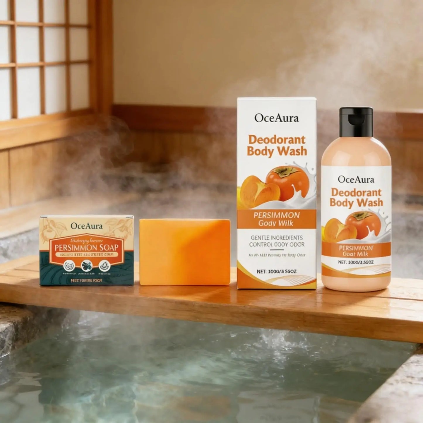 OceAura Persimmon Soap Bar for Body Odor Control Deodorant Professional Skin Cleaning Goat Milk Body Wash Persimmon Shower Gel