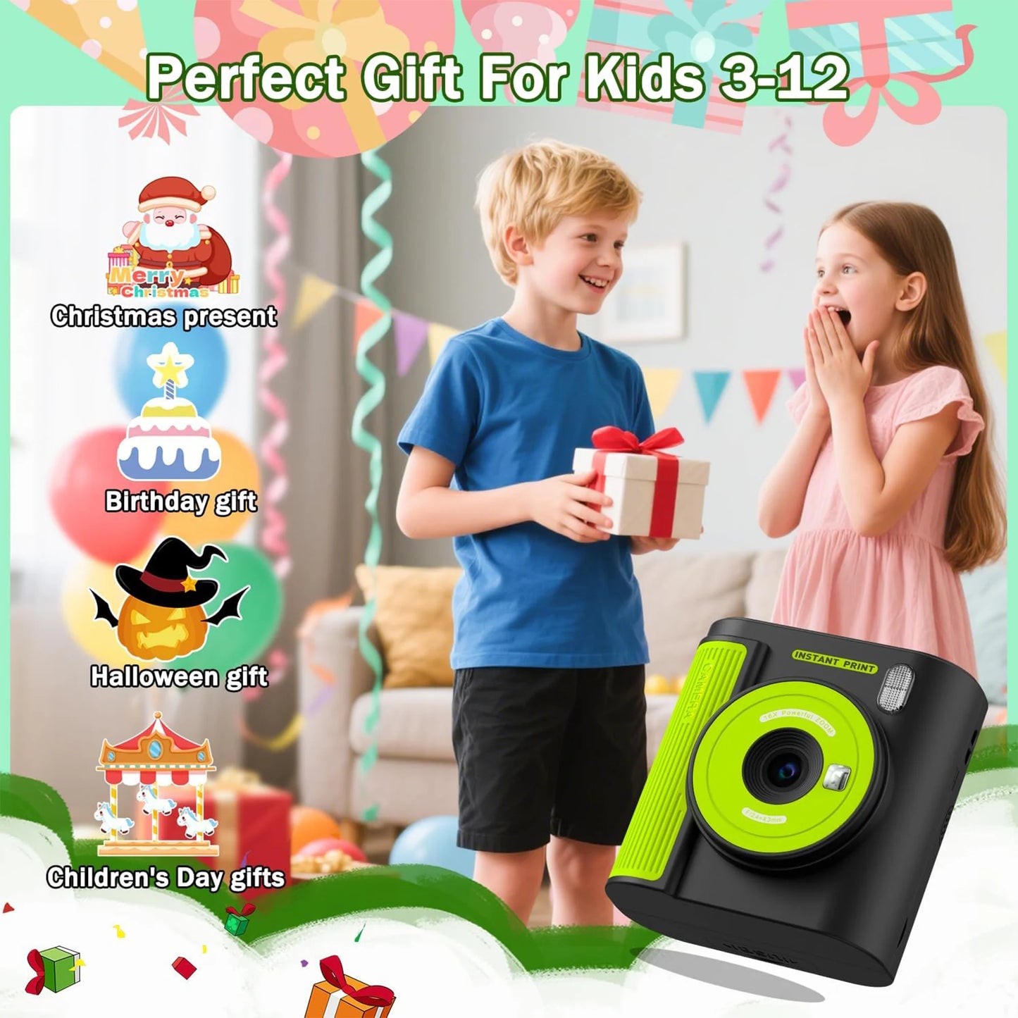 INOCTI Kids Print Camera, Toddler Digital Camera, Three printing paper&32G Card, for Girls Boys Christmas Birthday Gifts