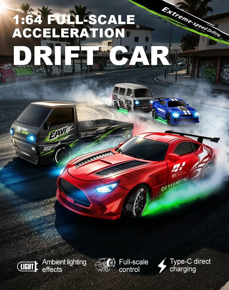 New 1/64 Mini Drift Car With Led Light Desktop Series Remote Control 4wd Racing Micro Card Van Gtr Boy Toy Gift