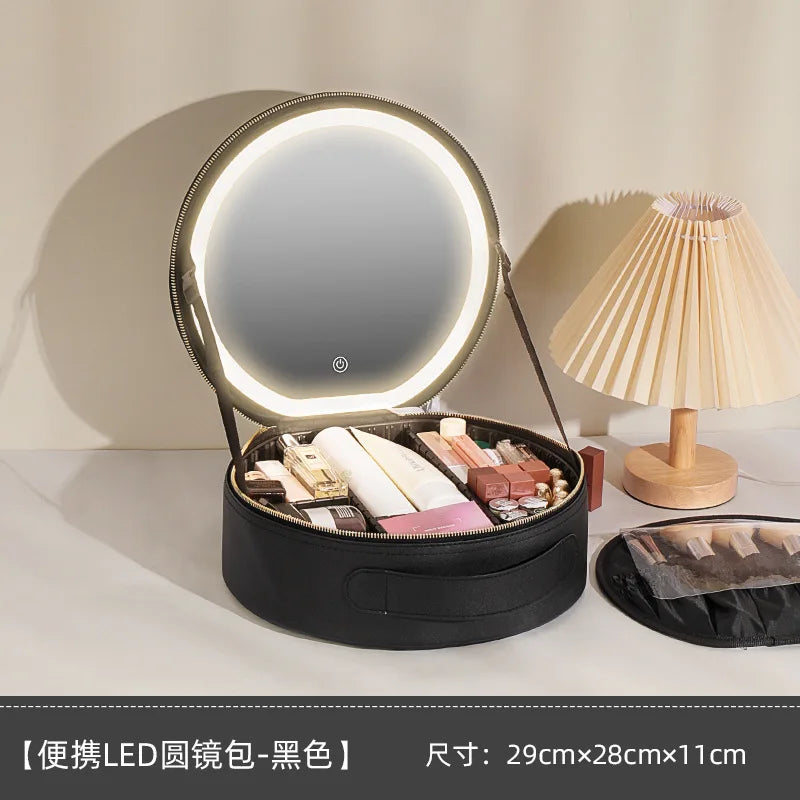 Travel PUMakeup Bag With Led Mirror, Portable Cosmetic Bag With Mirror And Light, Travel Rechargeable Makeup Bag With Led Lights