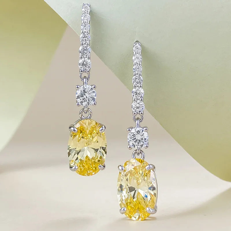 S925 Silver High Carbon Diamond Super Shiny Yellow Diamond Earrings 8 * 12 European and American Large Oval Earrings for Women
