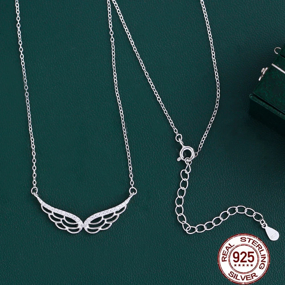 QooLady 925 Sterling Silver Charming CZ Angel Wings Design Pendant Necklace for Women Mother's Day Jewelry Festive Gifts SD011