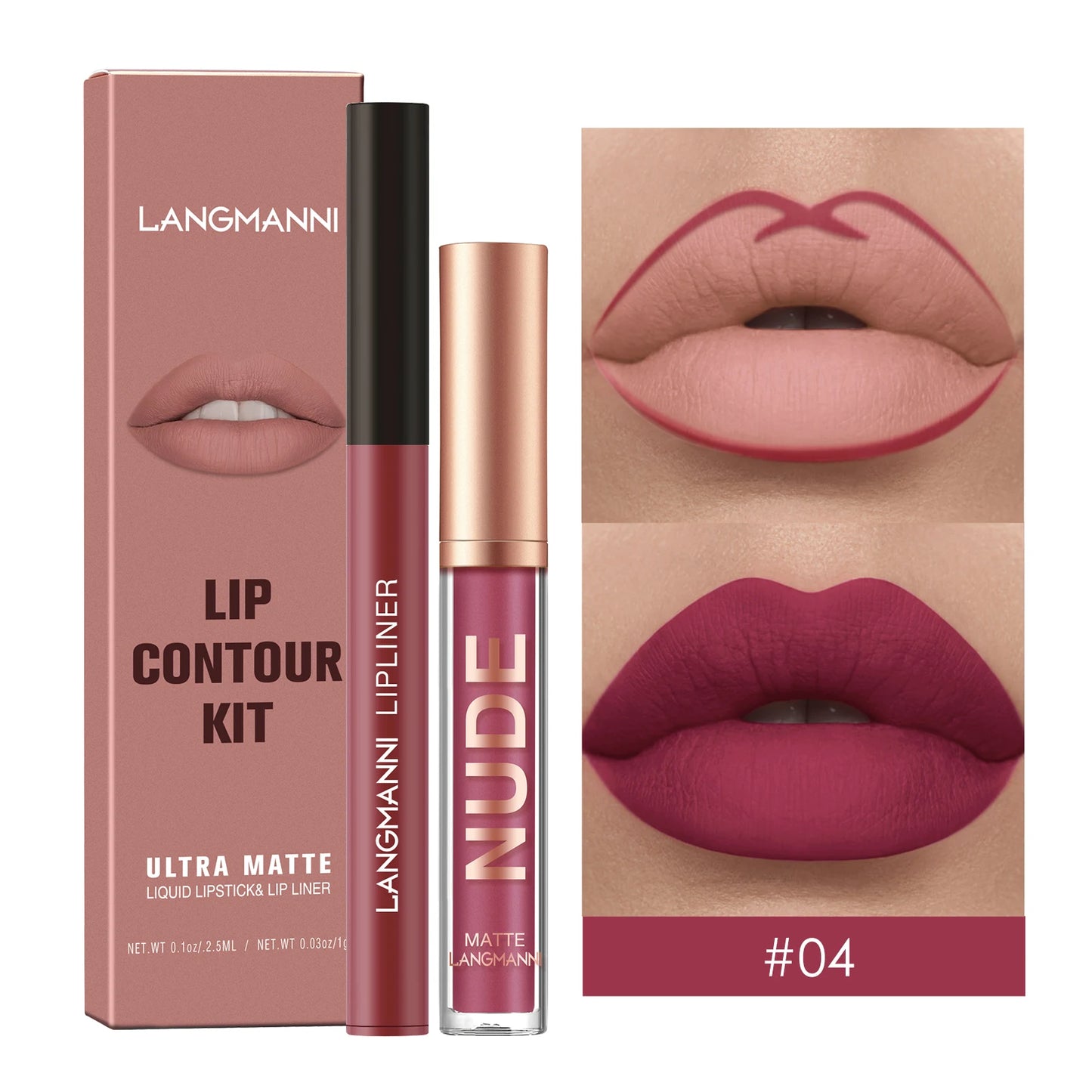 2Pcs Lip Gloss and Lip Liner Set, Matte Finish Non-Stick Cup Long-Lasting Lip Color and Liner Combo, Perfect for Defined Lips
