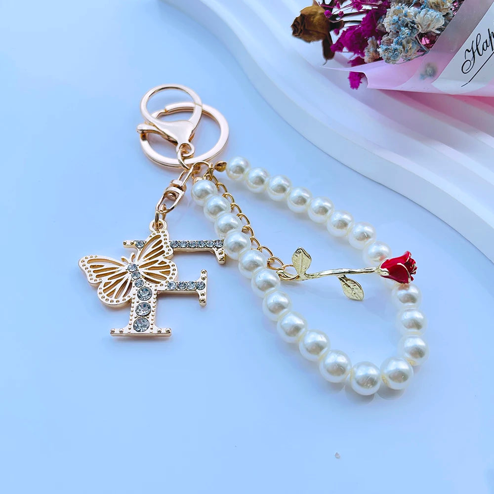 Exquisite Initial A-Z 26 Butterfly Capital Letters Red Rose Keyring Crystal Resin Pearl Beaded Keychain Bag Pendant Women Gift