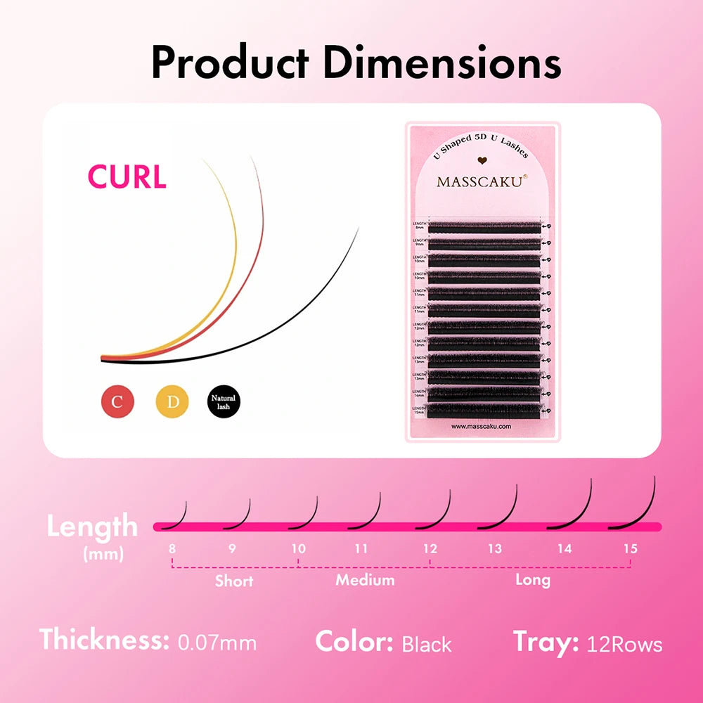 5cases/lot U Shape 3D 4D 5D 6D W Eyelash Extension 0.07mm Thickness High Quality Technologic Fiber U Style Faux Cils by MASSCAKU