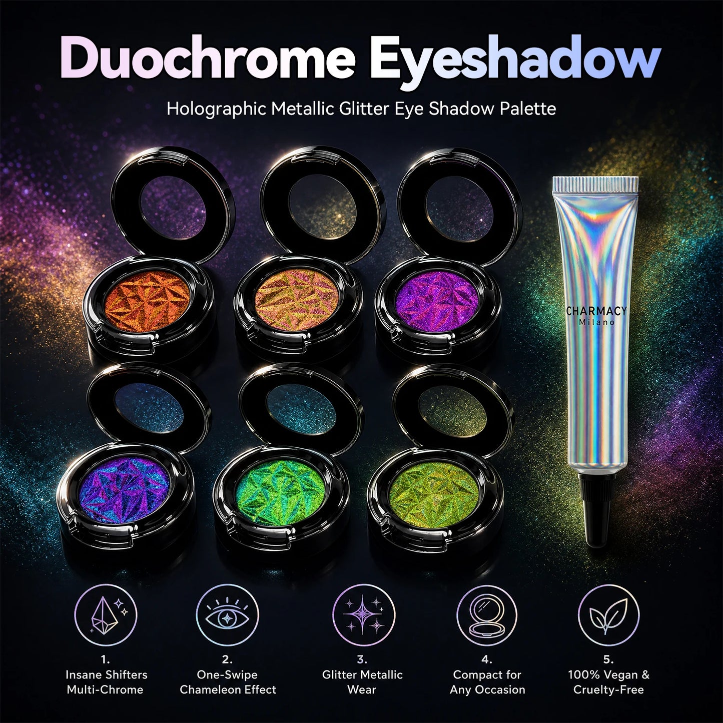 CHARMACY Multichrome Glitter Eyeshadow Set with Primer Long-lasting High Chrome Pigment Eye Shadow Cosmetic Makeup for Women
