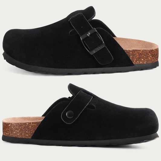 Litfun Fashion Men's Suede Clogs Slippers Soft Footbed Leather Mules   Summer Cork Sole Sandals With Arch Support Classic Clogs