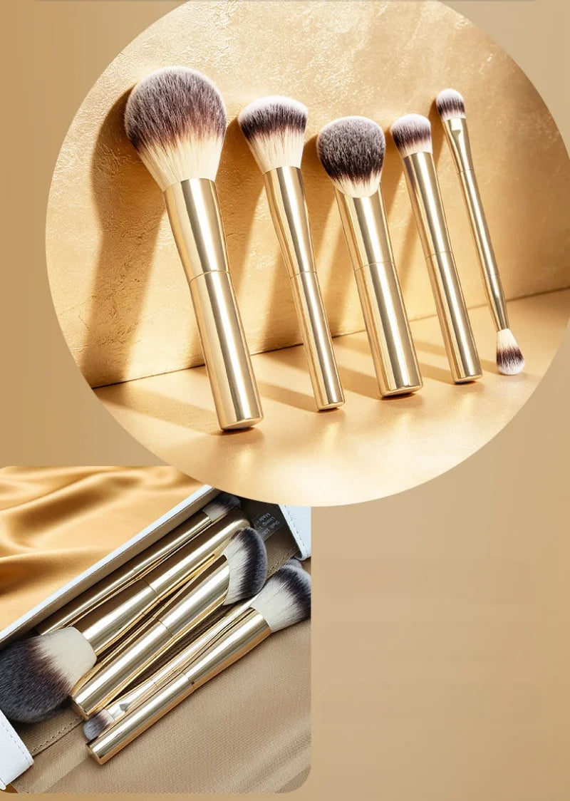 Face and Eye Travel Brush Set Gold High Quality Synthetic Hair Makeup Brushes Set with Pouch Box