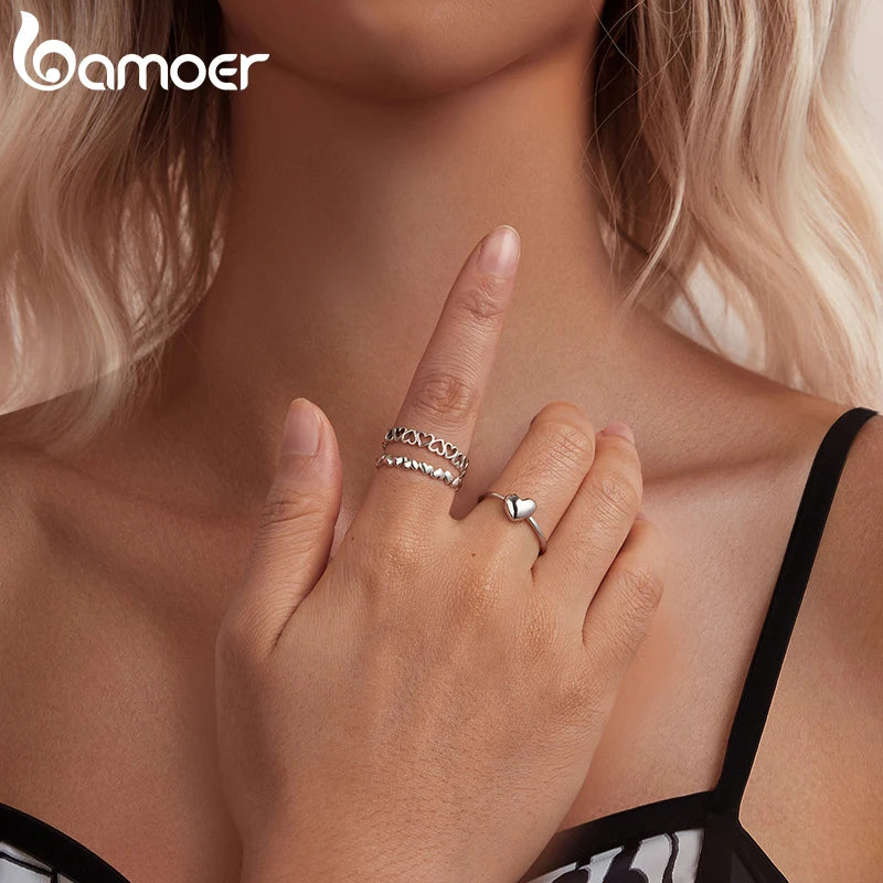 BAMOER Solid 925 Sterling Silver Heart Stackable Rings for Women, Love Valentines Statement Band Ring BSR655-E