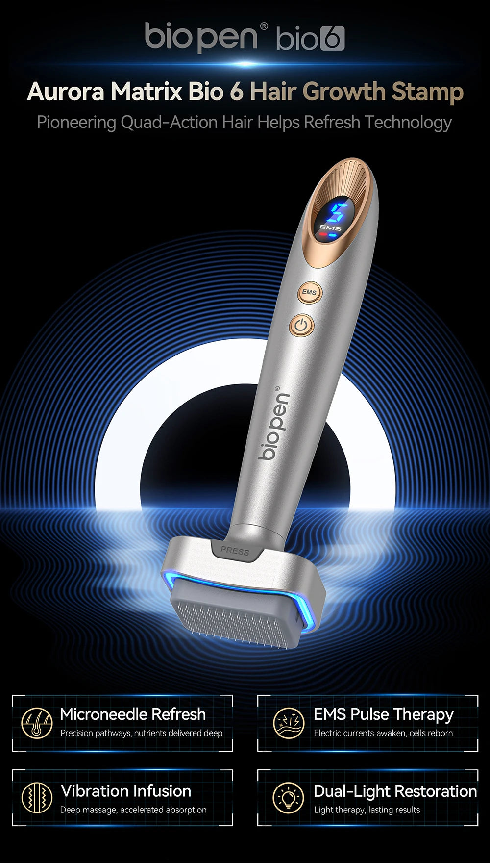 Bio Pen Bio6 Derma Stamp With 2 Roller Heads, LED Red/Blue Light, 5 EMS Levels, Microneedle Stamp 0.25 mm Needle length