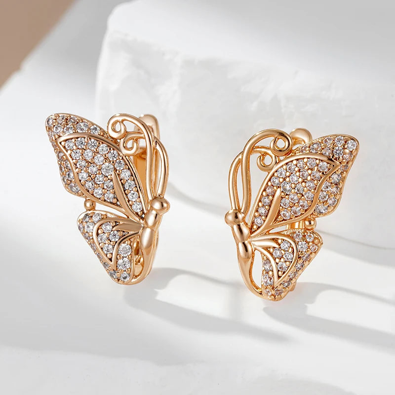 Kinel Luxury Full Natural Zircon Butterfly Drop Earrings for Women Unusual 585 Rose Gold Color Creative Daily Fine Jewelry Gift