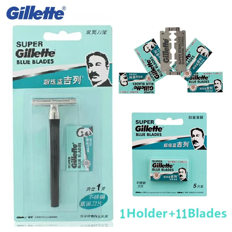 Gillette Super Blue Razor Men's Safety Manual Shaver Stainless Steel Blades Face Beard Hair Removal Classical Shaving Machine