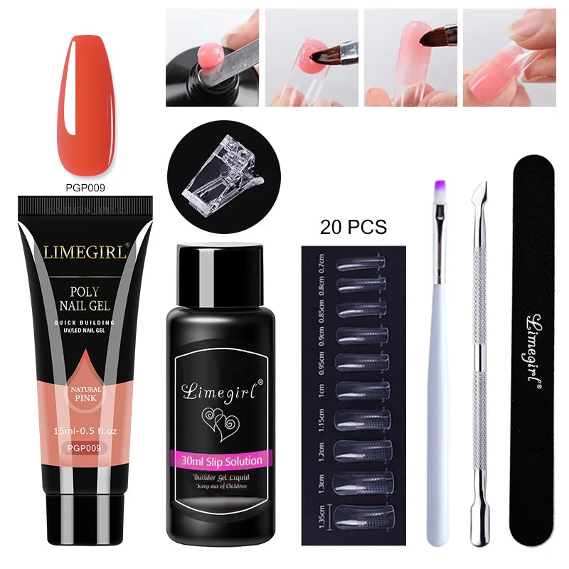 15ml Poly Nail Gel Complete Set for Nail Extension Glitter Solid Color Gel Polish Kit Quick Extension Gel Soak Nail Art DIY Nail