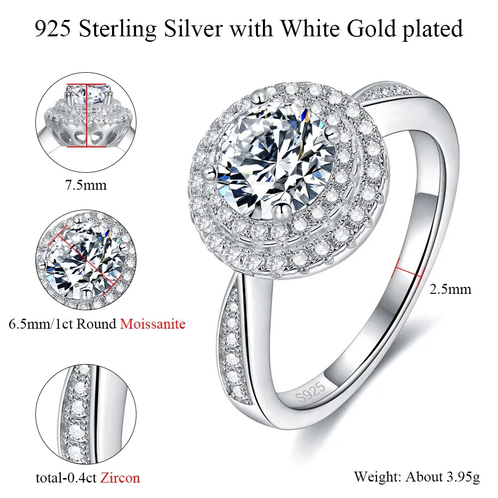 Pretty Beauty 1CT Round Moissanite Double Halo Engagement Ring for Women S925 Silver Wedding Promise Ring Anniversary Jewelry