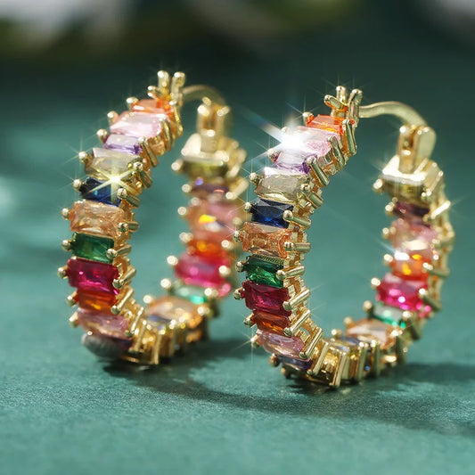 Luxury Gold Color Inlaid Multicolored Cubic Zirconia Copper Hoops Women's Earrings Party Earrings Woman Fashion Jewelry