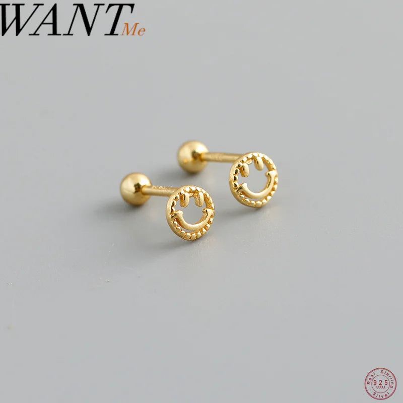 WANTME 925 Sterling Silver Fashion Cute Lucky Smile Screw Bead Piercing Stud Earrings for Women Classic Simple Ear Bone Jewelry