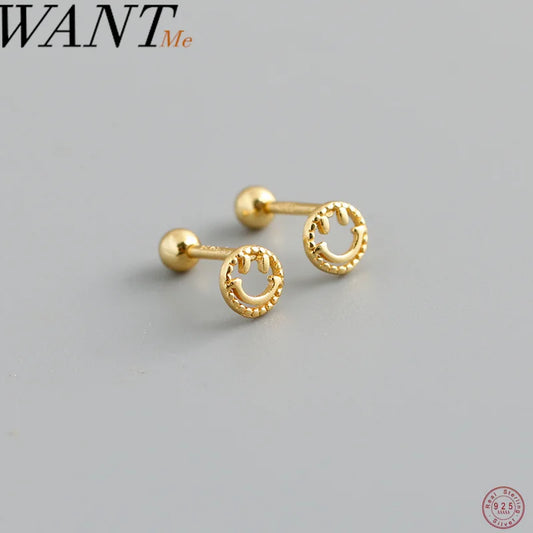 WANTME 925 Sterling Silver Fashion Cute Lucky Smile Screw Bead Piercing Stud Earrings for Women Classic Simple Ear Bone Jewelry
