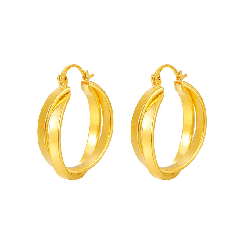 Stylish Double Hoop Earrings Women's 24K Gold AU999 - Minimalist double hoops, trendy, women's 24K gold style