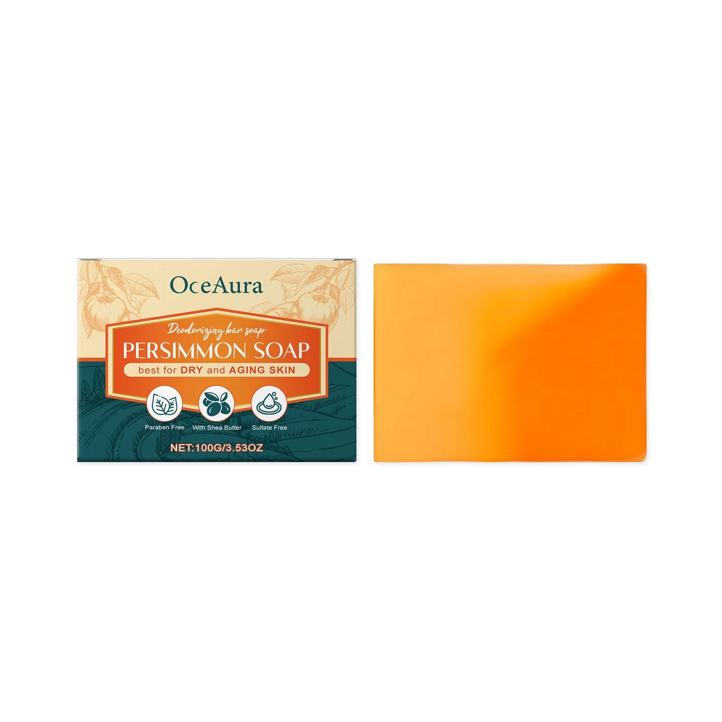 OceAura Persimmon Soap Bar for Body Odor Control Deodorant Professional Skin Cleaning Goat Milk Body Wash Persimmon Shower Gel