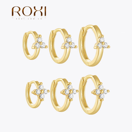 ROXI 3 piece Flower Zircon Circle Hoop Earrings Set For Women 925 Sterling Silver 6/8/10mm Round Earrings Wave Cartilage Jewelry