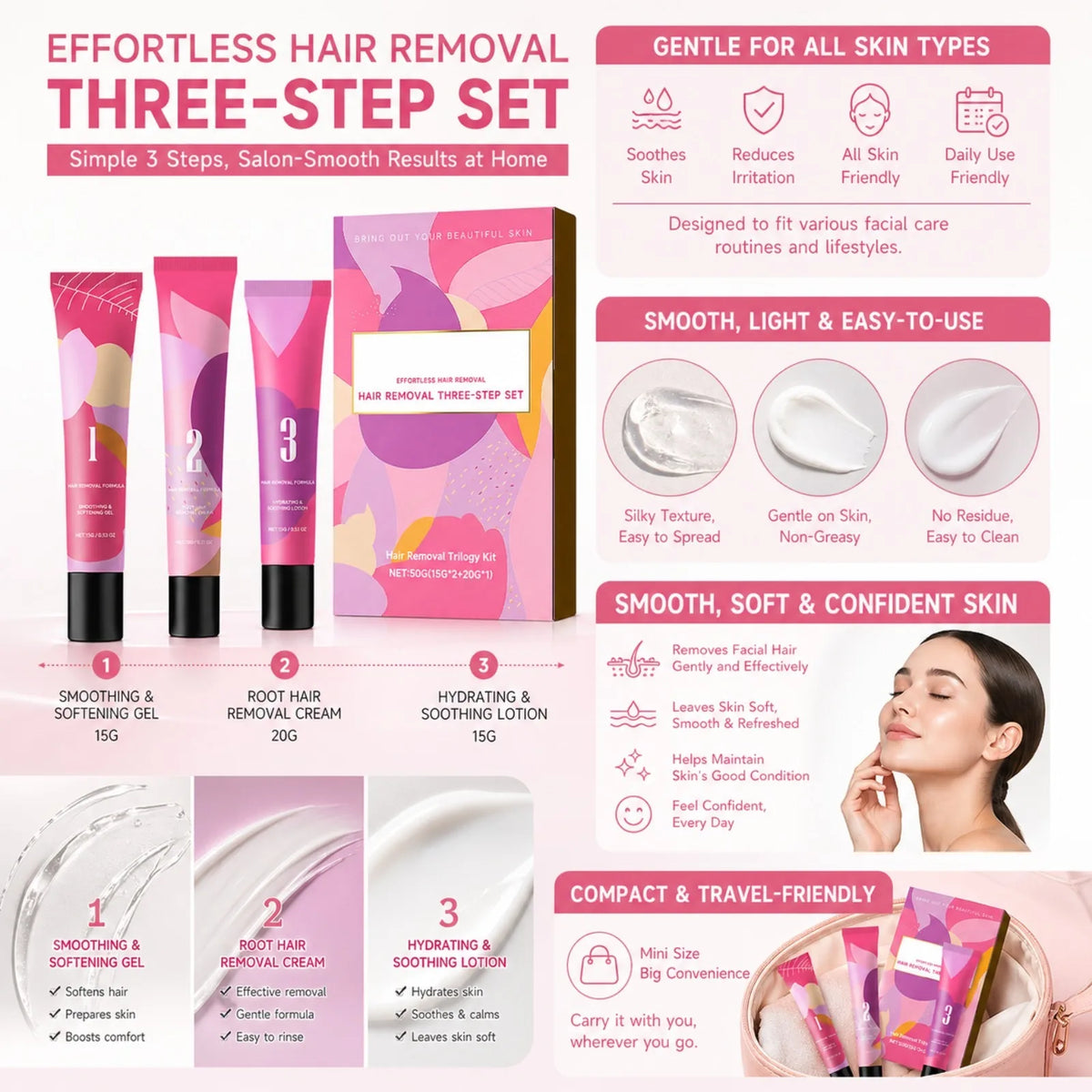Facial Hair Removal Cream for Three Step Kit Lip Chin Upper Lip Women Home Use Gentle With Softening Gel Soothing Lotion
