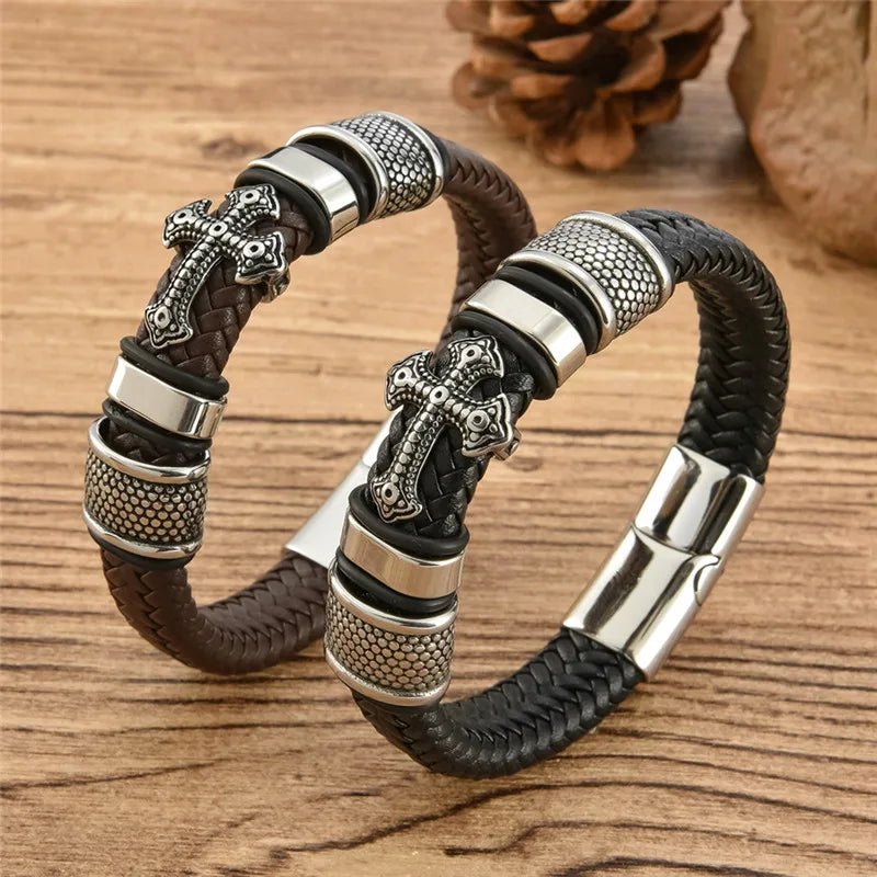 MKENDN Punk Style Stainless Steel Cross Leather Bracelet Men Charm 16 Strand Woven Leather Bracelet Magnet Clasp Boyfriend Gifts