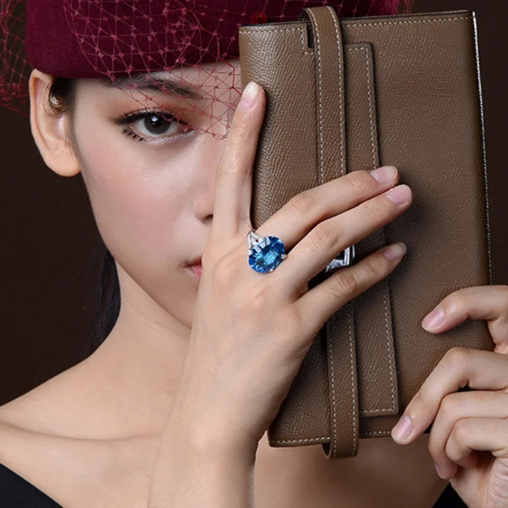 2023 New Fashion 925 Silver Luxury Quality Blue Topaz Band Ring for Women Upscale Anniversary White Gold Plated Finger Jewelry