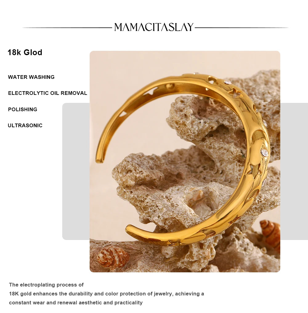 MamacitaSlay 316L Stainless Steel Star Moon Zircon Open Bracelet Party Waterproof 18K Gold Plated Jewelry Women's Charm Bracelet