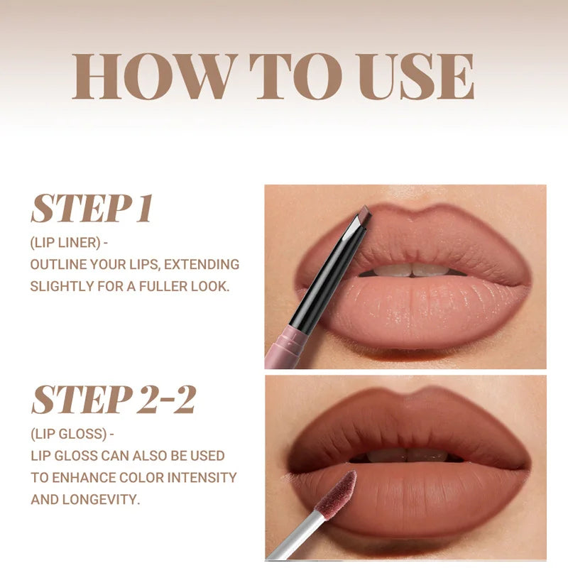 2Pcs Lip Gloss and Lip Liner Set, Matte Finish Non-Stick Cup Long-Lasting Lip Color and Liner Combo, Perfect for Defined Lips
