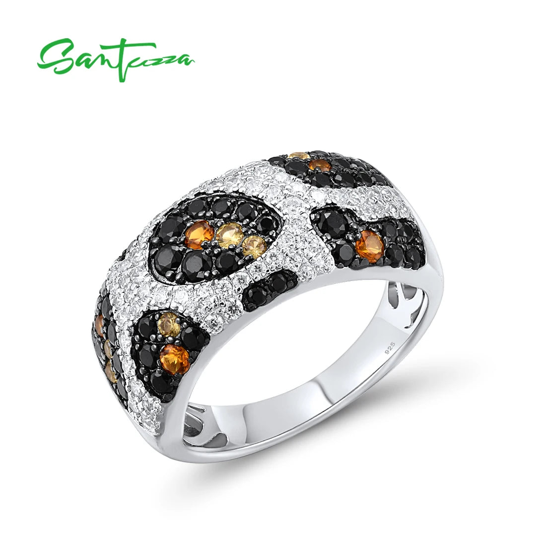 SANTUZZA Genuine 925 Sterling Silver Rings For Women Sparkling Brown Spinel White CZ Leopard Print Elegant Gift Fine Jewelry
