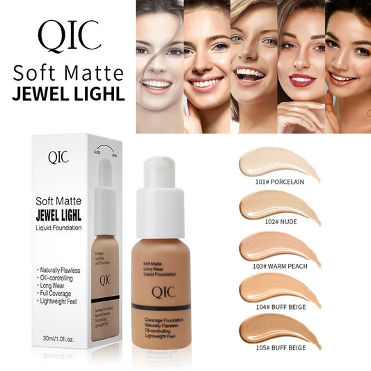 QIC Soft Matte Liquid Foundation Waterproof Oil Control Concealer Longlasting Moisturizing Natural Flawless Base Makeup BB Cream