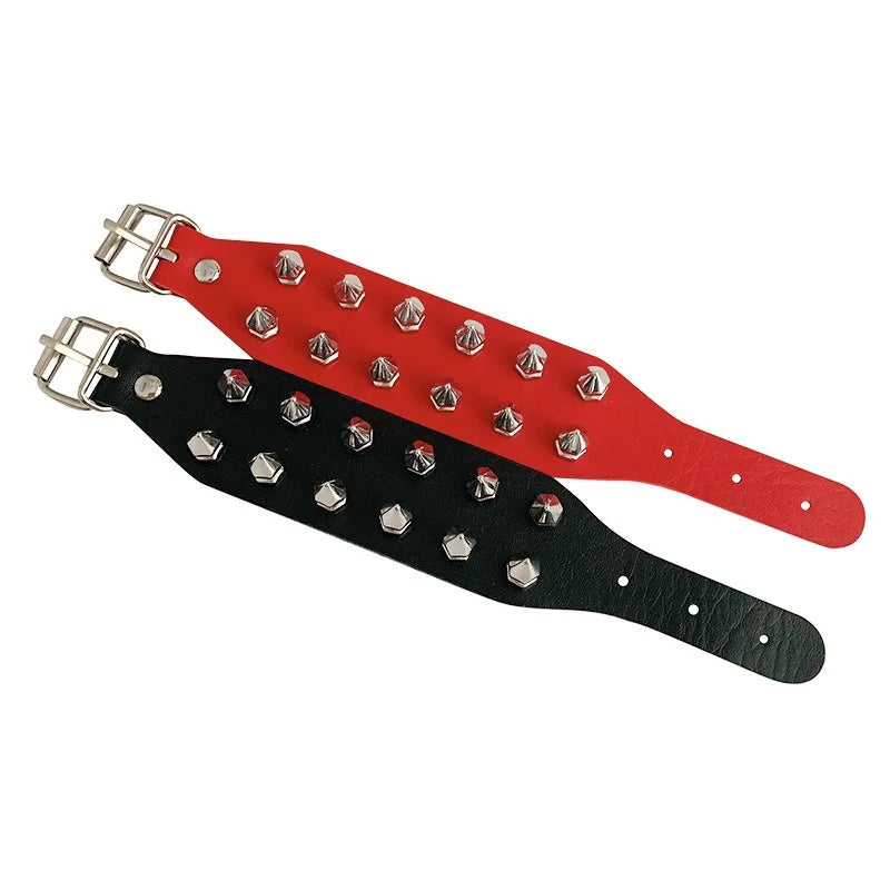 Gothic PU Leather Bracelet Two Row Cuspidal Spikes Rivet Stud Wide Cuff Punk Gothic Rock Unisex Wristbands Men Jewelry Gifts