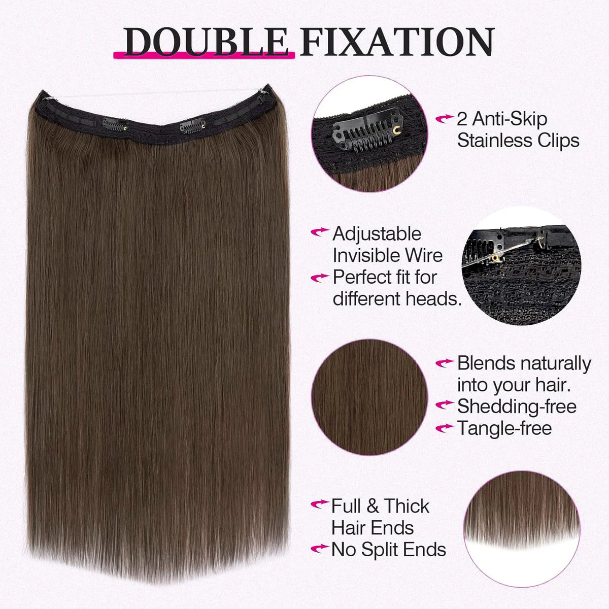 Straight Chocolate Brown Halo Hair Extensions Invisible Wire Human Hair Extensions With Clips #2 100G/Pc Clip In Hair Extensions