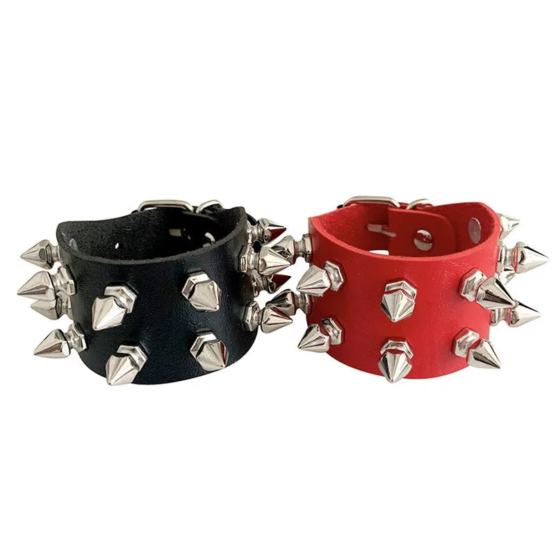 Gothic PU Leather Bracelet Two Row Cuspidal Spikes Rivet Stud Wide Cuff Punk Gothic Rock Unisex Wristbands Men Jewelry Gifts
