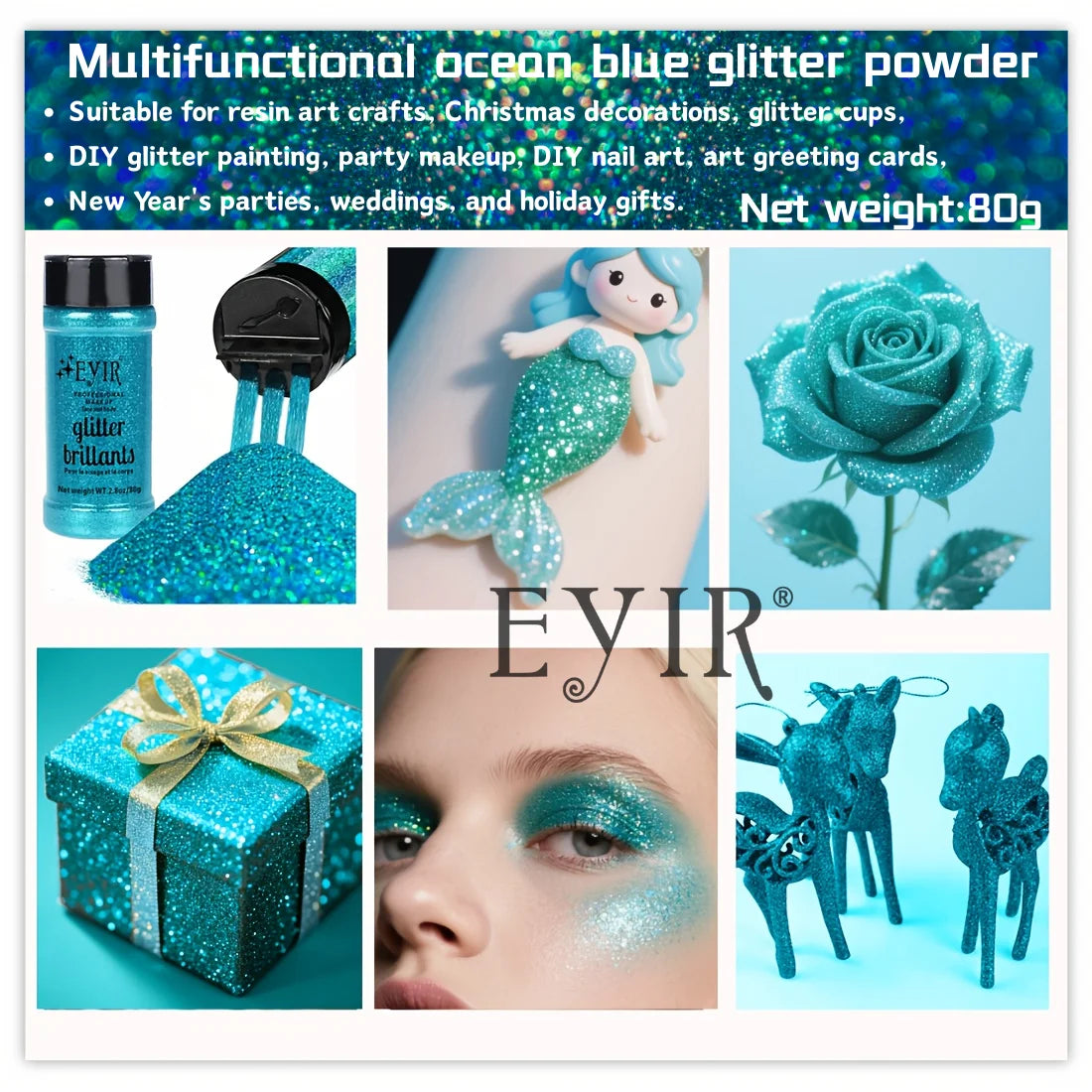 9 Colors 80g Holographic Glitter Powder Fine Shimmer Body Face Glitter Makeup Nail Art Resin Craft Party Decoration