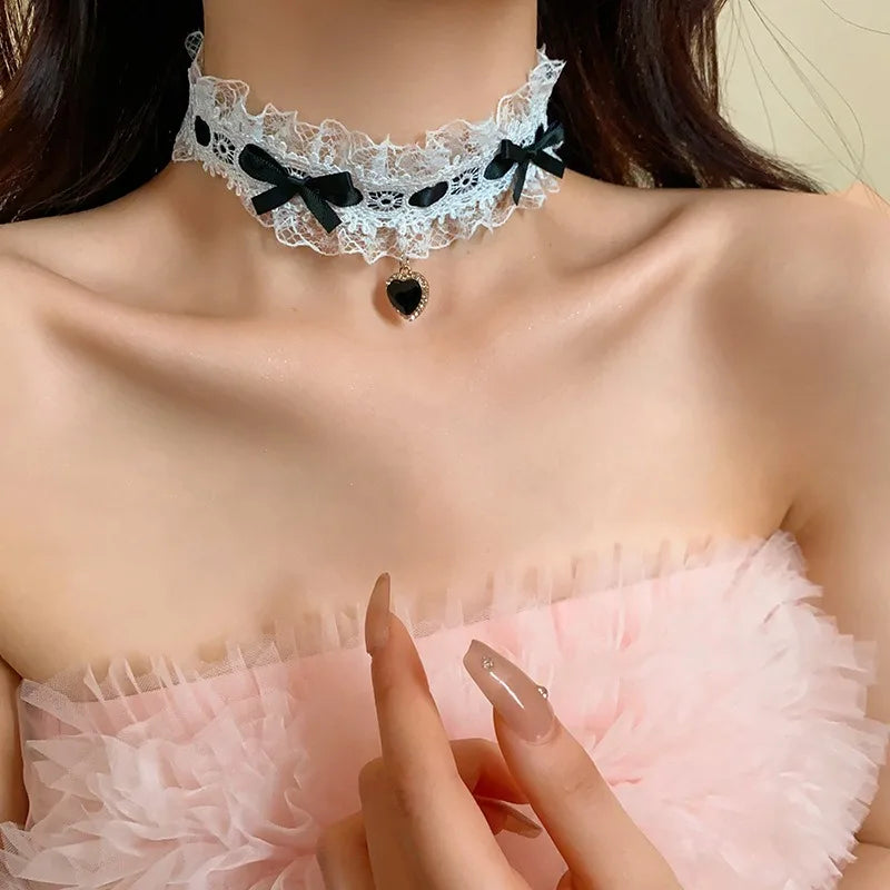 Pink Lace Bow Chokers Necklaces for Women Lolitas Heart Pendant Necklace Wide Ribbon Collar Cosplay Uniform Accessories