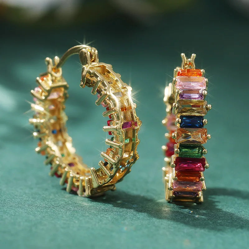 Luxury Gold Color Inlaid Multicolored Cubic Zirconia Copper Hoops Women's Earrings Party Earrings Woman Fashion Jewelry