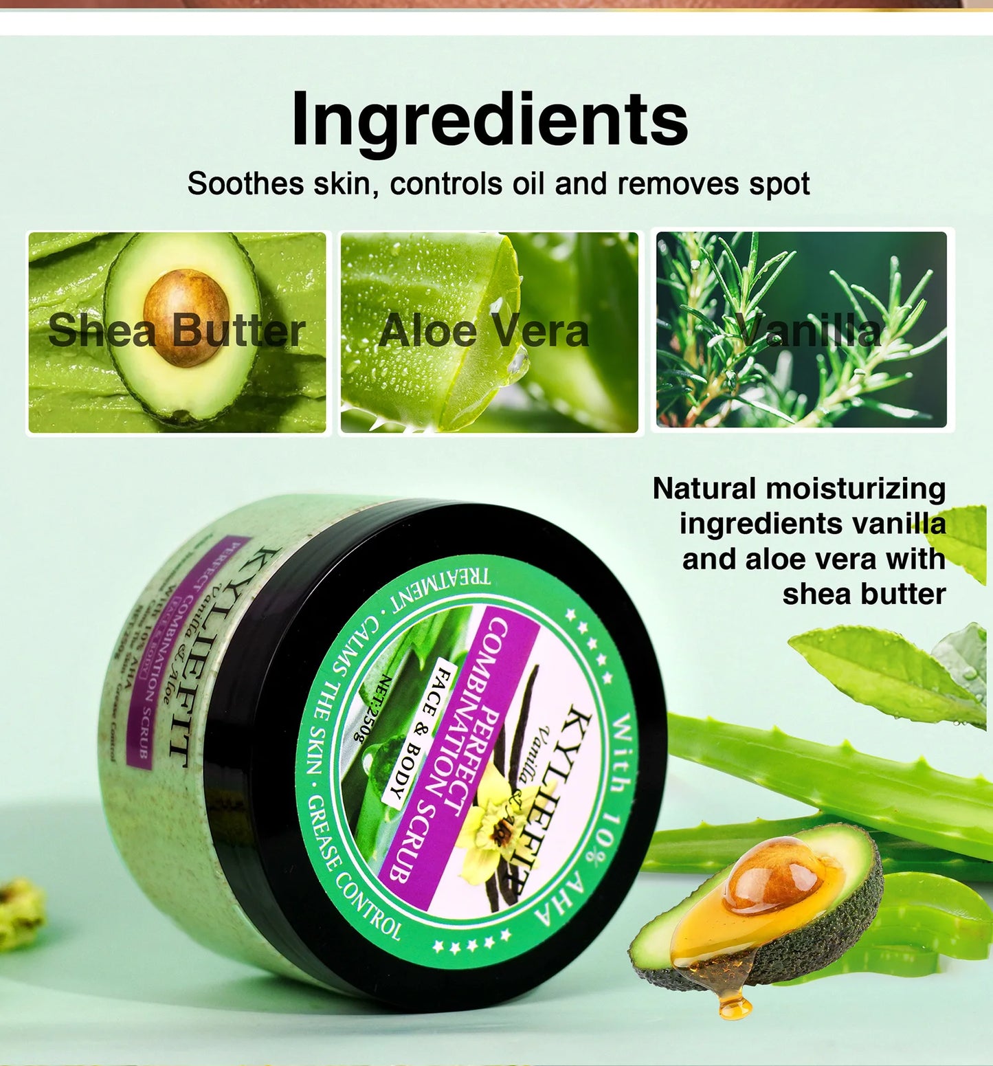 KYLIEFIT Natural Exfoliating Salt Body and Face Scrub, Lightening, Moisturizing, Remove Dark Spots, Acne, Stains, Wrinkles, 250g