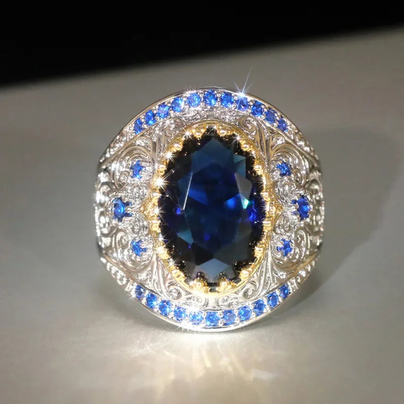 2026 Women's Bohemian Style Retro Exaggerated Texture Zircon Ring European And American Two Tone Accessory
