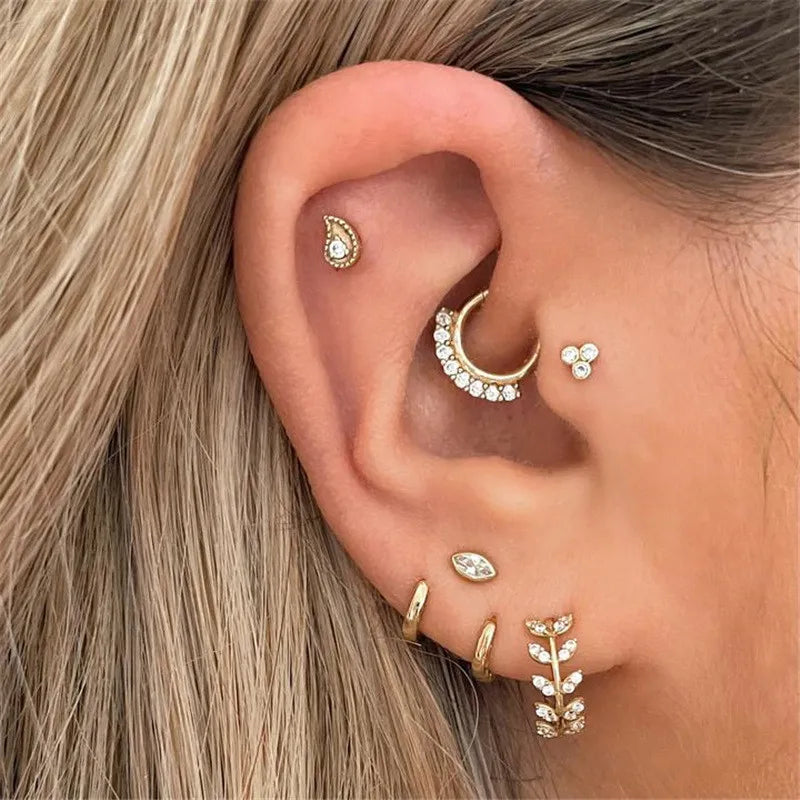 Glowshe 925 Sterling Silver Zircon Geometric Cartilage Piercing Hoop Earrings 1PCS Hip-hop Party Creative Jewelry Nose Rings