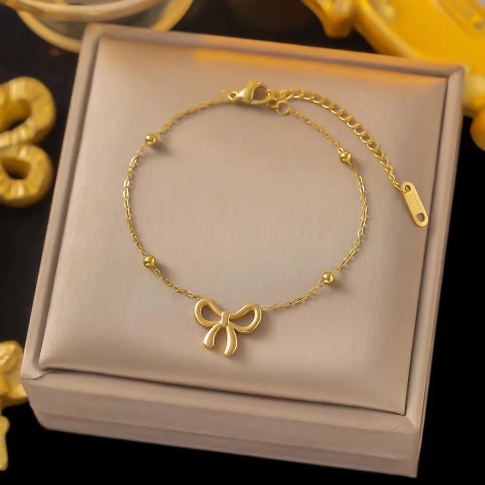 Simple Korean Stainless Steel Bowknot Necklace For Women Girls Delicate Bracelets Charm Choker Earrings Fashion Jewelry Set Gift