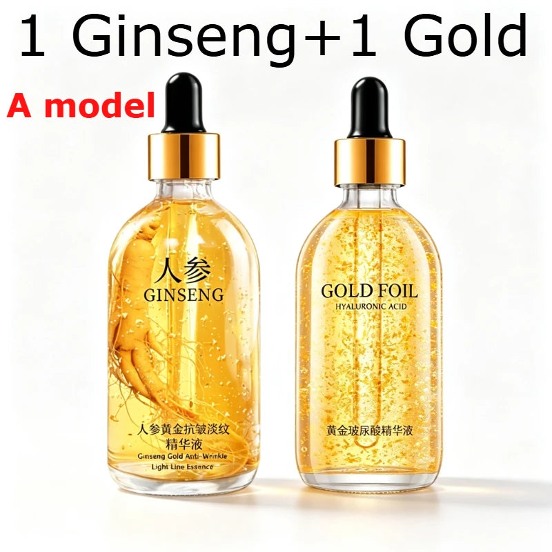2 Pieces Ginseng Whitening Face Serum 100ml 24K Gold Anti Wrinkle Essence Hydrating Tightening Fade Fine Line Brighten Dull Skin