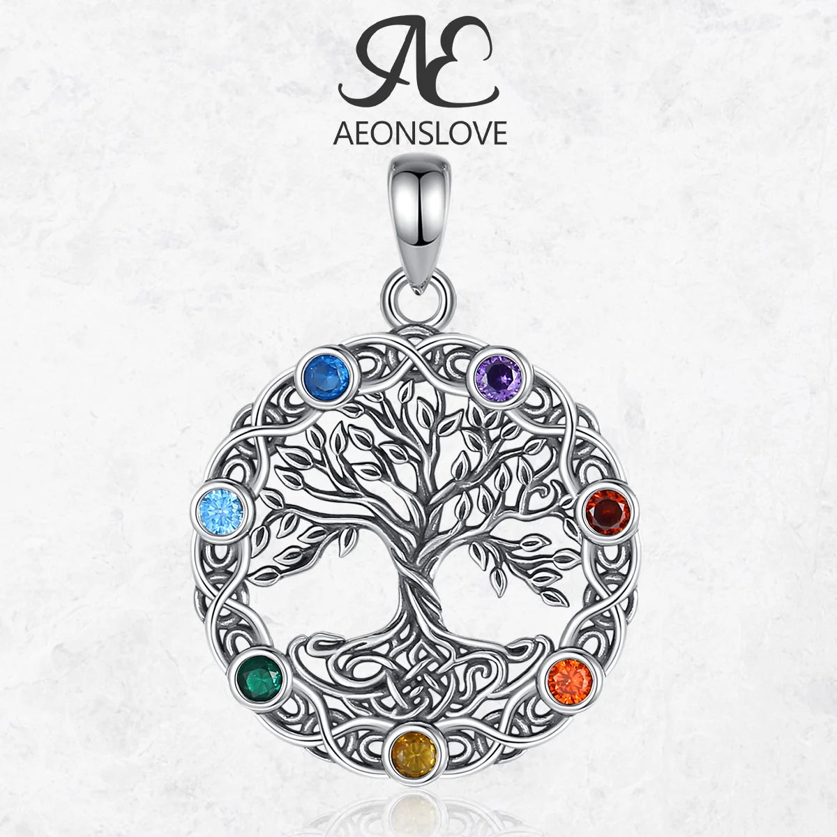 AEONSLOVE 925 Sterling Silver Tree of Life 7 Chakra Necklace Vintage Celtic Cubic Zirconia Pendant Spiritual Jewelry for Women