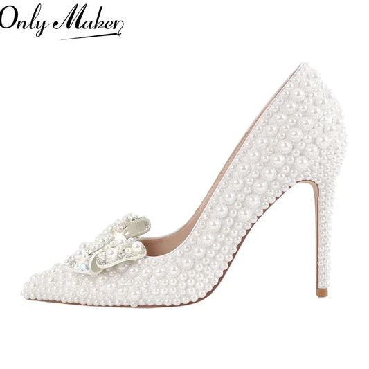 Onlymaker Women White Pointed Toe Bridal Pumps Slip-On Pearl Crystal Thin Heels Party Wedding Bride Stiletto Shoes
