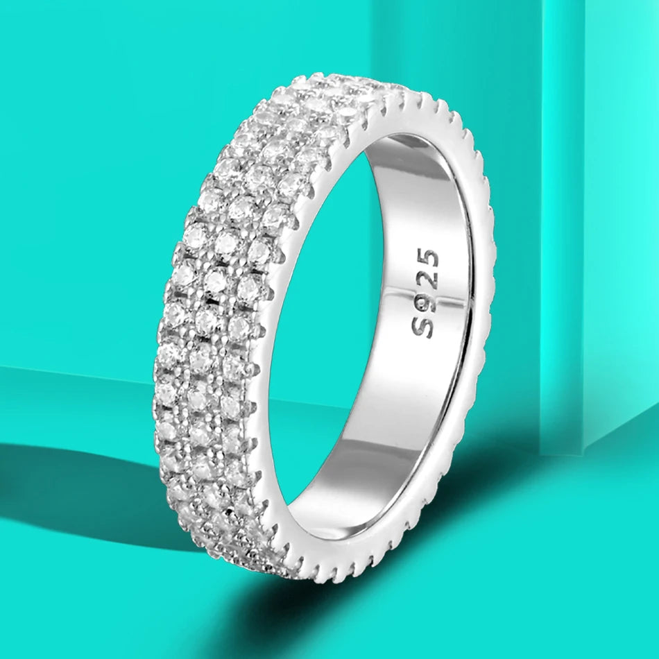 URMYLADY Full Moissanite Ring 925 Sterling Sliver Plated 18k Eternity Band Hip Hop Rings for Woman Man Party Sparkling Jewely